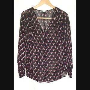 Pleione Black Red Print V-neck L/S Button Shirt M